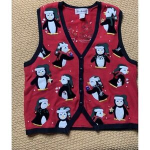 Women's M Bechamel Penguin Christmas Knit‎ Sweater Vest Ugly Button Down